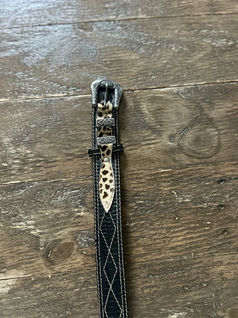 Aviator by Adelfio Vintage Belt Black Leather Faux Animal Print Made in Italy